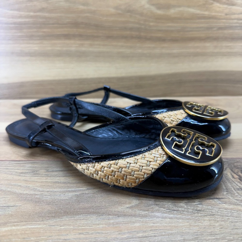 Tory Burch Jolie Woven Raffia Reva Flats Womens 6.5 Black Gold Slingback